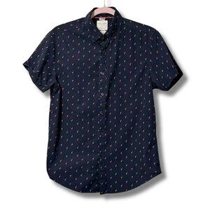 Denim & Flower Men’s Slim Fit Flamingo Button Down Navy Shirt Size S
